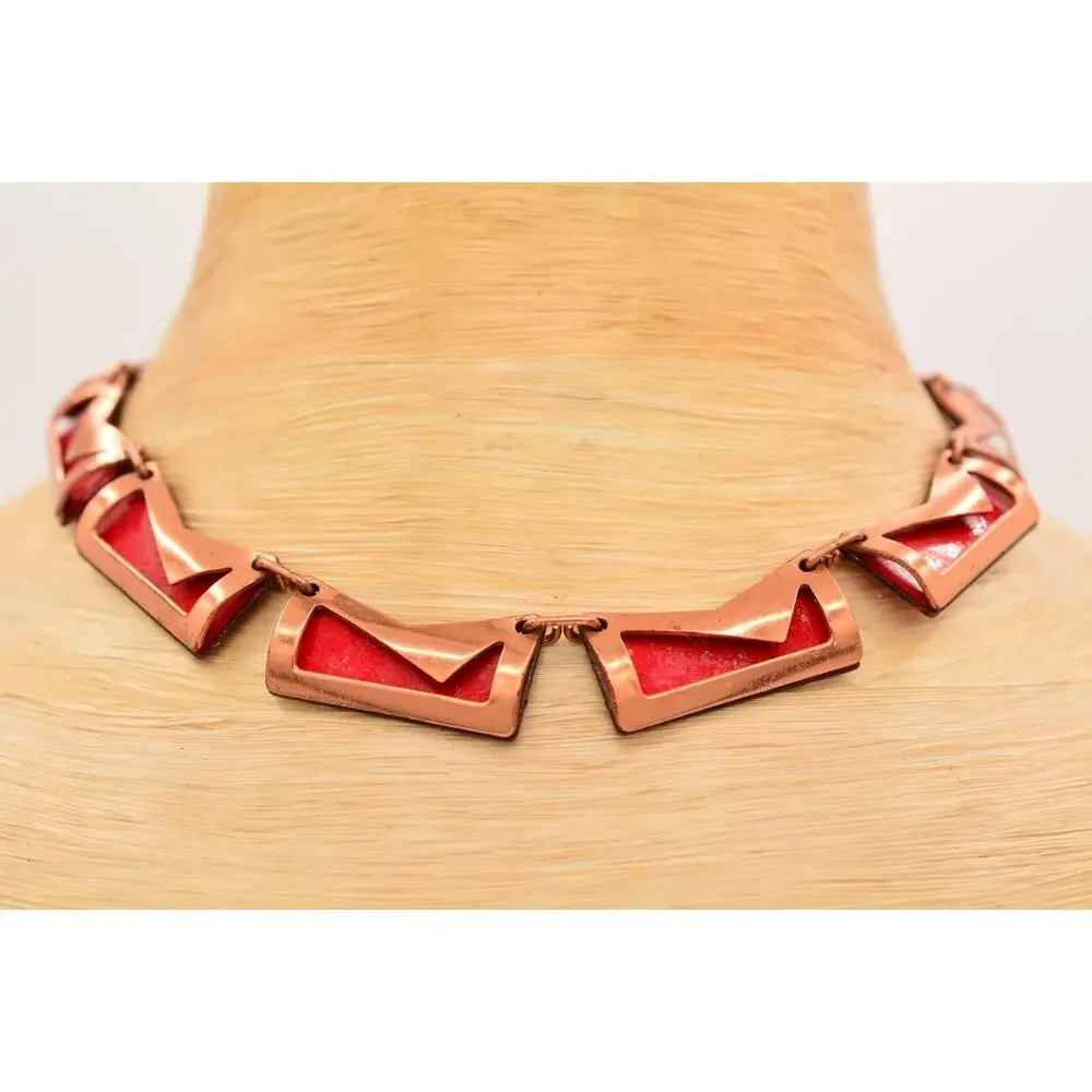 Vintage Copper Choker Collar Necklace Red Enamel Heavy Chunky Metal 1970s BinT